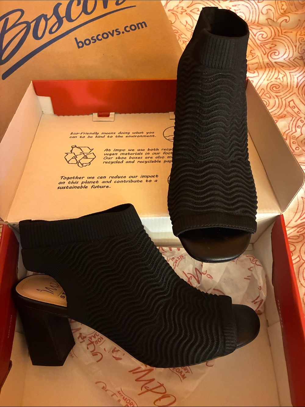 Impo Black Knit Open-Toe Block Heel Booties with Wave Texture